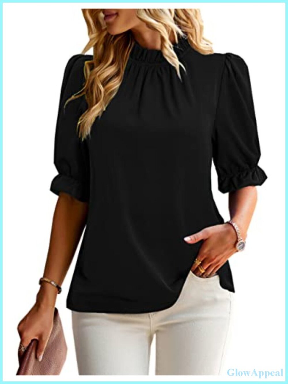 Women's Boho Ruffle Mock Neck Puff Short Sleeve Blouse Top